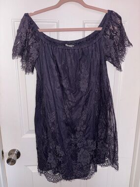 American Eagle Outfitters Charcoal Lace Off-the-Shoulder Mini Dress